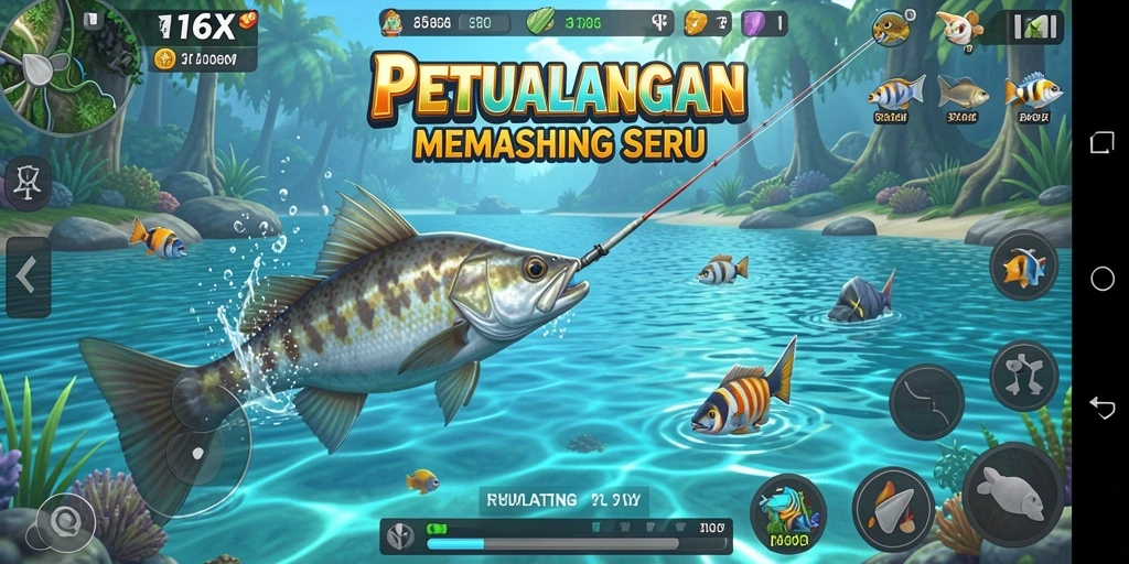 Screenshot gameplay 116X yang menampilkan momen menangkap ikan.