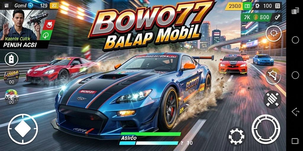 Screenshot gameplay BOWO77 yang menampilkan aksi balap mobil yang mendebarkan.