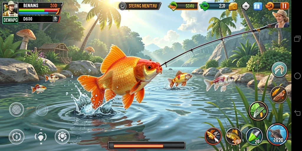 Screenshot utama DEWAPG menampilkan gameplay memancing yang seru di lokasi yang indah.