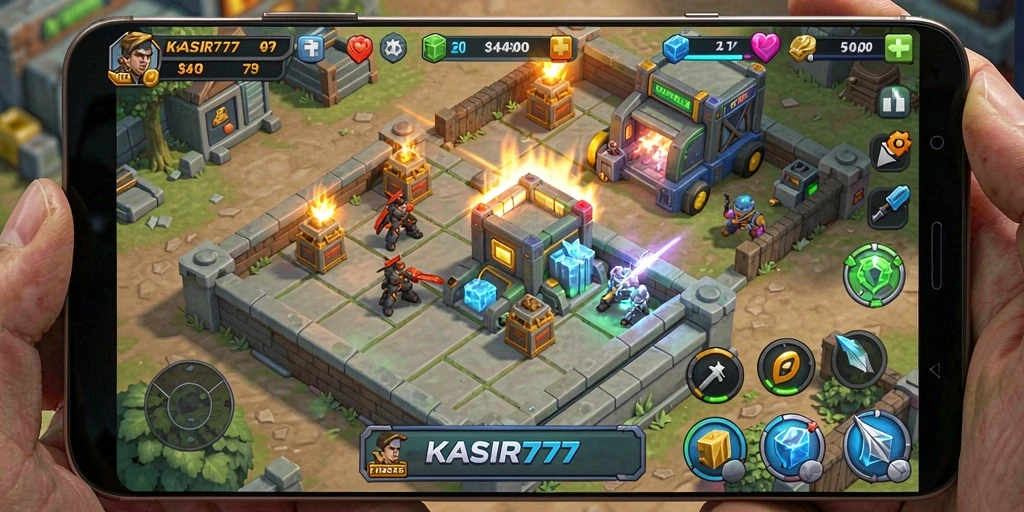 Tampilan gameplay KASIR777 dengan aksi Tower Defense yang intens.