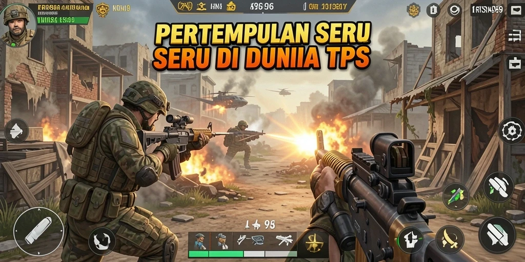Tangkapan layar KRISNA96 menampilkan aksi pertempuran seru di lingkungan yang menakjubkan.