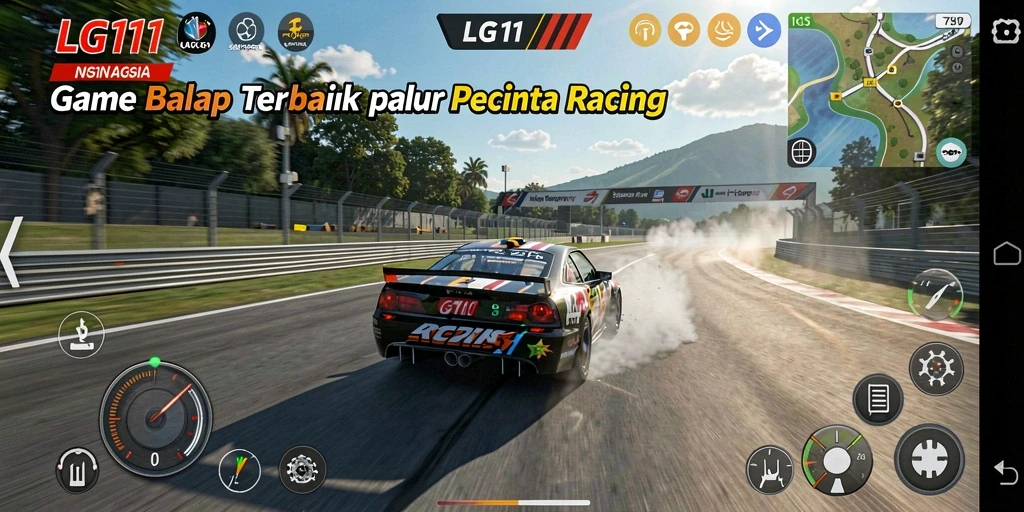 Screenshot LG111 menampilkan aksi balap yang mendebarkan dan mobil yang berkilau.
