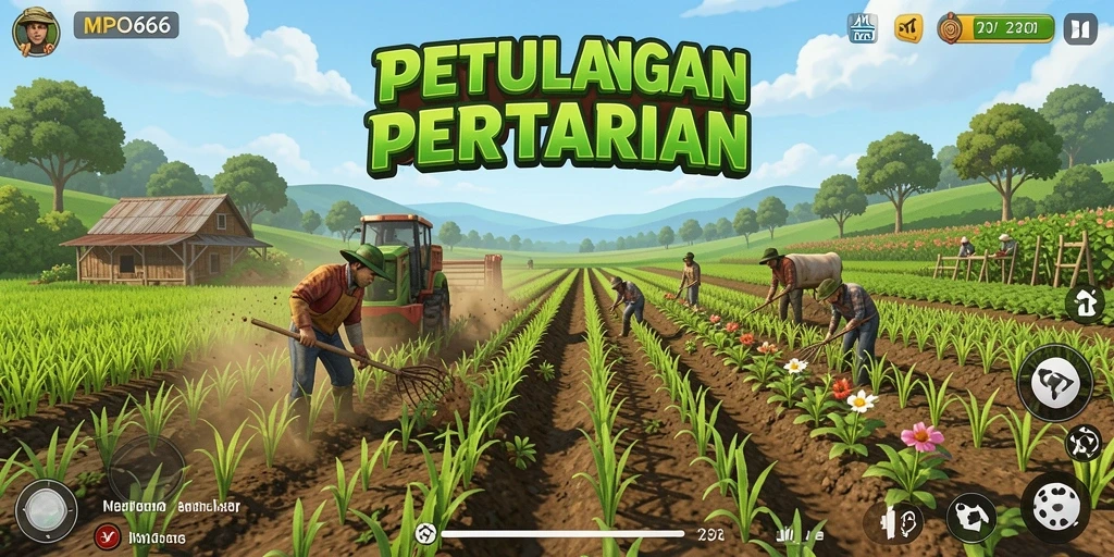 Gameplay MPO666 menunjukkan petani yang merawat ladang dan hewan.