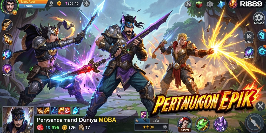 Screenshot dari gameplay RI889 memperlihatkan pertarungan MOBA yang seru.