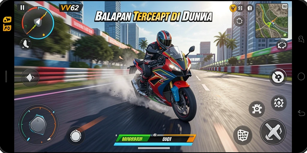 Screenshot gameplay VV62 yang menampilkan aksi balapan motor.