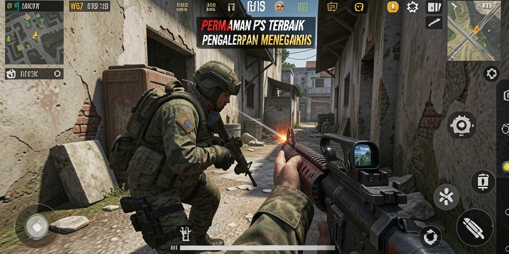 Tampilan gameplay W67 dengan aksi menampilkan pertarungan seru di arena FPS.