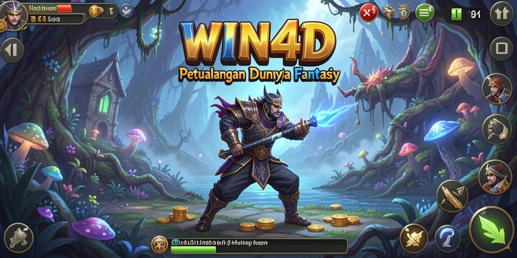 Tangkapan layar gameplay <strong>WIN4D</strong> yang menunjukkan petualangan epik dan eksplorasi.
