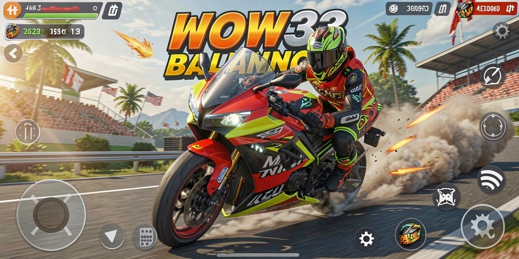 Screenshot gameplay WOW33 dengan motor balap yang cepat dan trek menantang.