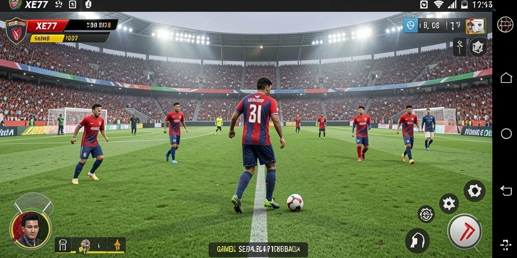 Screenshot gameplay XE77 yang menunjukkan pertempuran di lapangan sepak bola.