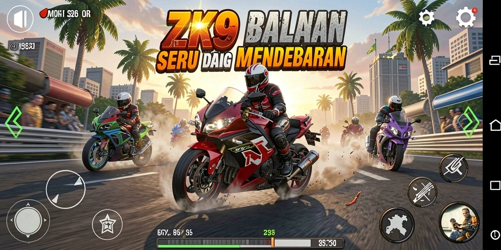 Gameplay seru ZK9 menampilkan balapan motor yang mendebarkan.